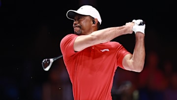 Tiger Woods tees off during a TGL match between Jupiter Golf Links and Atlanta Drive