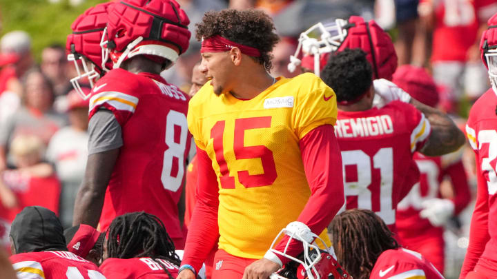 Chiefs quarterback Patrick Mahomes watches drills during training camp at Missouri Western State University.