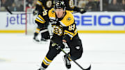 Brad Marchand skates during the Bruins' 2–1 loss to the Islanders on Feb. 27, 2025.