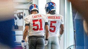 New York Giants linebackers Abdul Carter (51) and Kayvon Thibodeaux (5) walk together during Mandatory Minicamp at Quest Diagnostics Giants Training Center in East Rutherford on Tuesday, June 17, 2025.