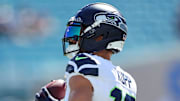 Oct 12, 2025; Jacksonville, Florida, USA; Seattle Seahawks wide receiver Cooper Kupp (10) warms up before the game against the Jacksonville Jaguars at EverBank Stadium. Mandatory Credit: Morgan Tencza-Imagn Images