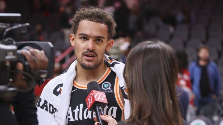 Nov 10, 2022; Atlanta, Georgia, USA; Atlanta Hawks guard Trae Young (11) does an interview after the game against the Philadelphia 76ers at State Farm Arena. Mandatory Credit: Brett Davis-USA TODAY Sports
