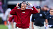 Oct 25, 2025; Columbia, South Carolina, USA; South Carolina Gamecocks head coach Shane Beamer reacts to a play against the Alabama Crimson Tide in the second quarter at Williams-Brice Stadium. Mandatory Credit: Jeff Blake-Imagn Images