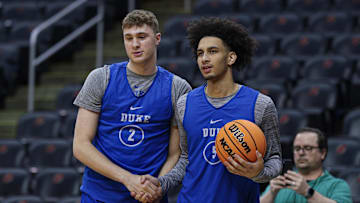 Mar 26, 2025; Newark, NJ, USA; Duke basketball forward Cooper Flagg (2) and guard Tyrese Proctor (5) during a practice session in preparation for an East Regional semifinal game against the Arizona Wildcats at Prudential Center.