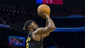 Mar 20, 2025; San Francisco, California, USA; Golden State Warriors forward Jimmy Butler III (10) takes a three-point shot against the Toronto Raptors during the first quarter at Chase Center. Mandatory Credit: John Hefti-Imagn Images