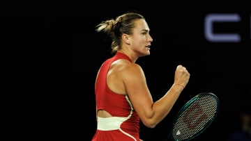 Jan 25, 2024; Melbourne, Victoria, Australia; 
Aryna Sabalenka of Belarus in action against Coco