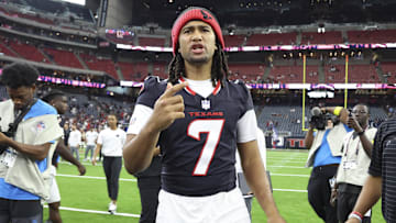 Aug 16, 2025; Houston, Texas, USA; Houston Texans quarterback C.J. Stroud (7) walks on the field after the game against the Carolina Panthers at NRG Stadium. Mandatory Credit: Troy Taormina-Imagn Images