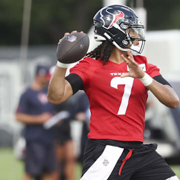 Jul 23, 2025; Houston, TX, USA;  Houston Texans quarterback C.J. Stroud (7) during training camp at Houston Methodist Training Center. Mandatory Credit: Troy Taormina-Imagn Images