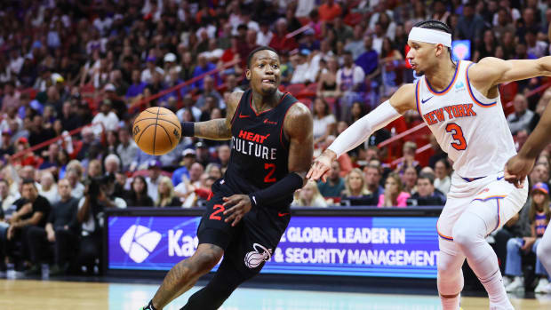 Apr 2, 2024; Miami, Florida, USA; Miami Heat guard Terry Rozier (2) drives to the basket against New