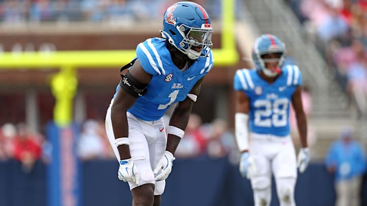 Sep 28, 2024; Oxford, Mississippi, USA; Mississippi Rebels defensive linemen Princely Umanmielen (1) waits for the snap during the first half against the Kentucky Wildcats at Vaught-Hemingway Stadium. Mandatory Credit: Petre Thomas-Imagn Images