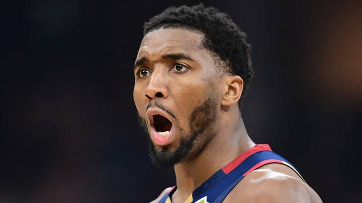 Apr 20, 2026; Cleveland, Ohio, USA; Cleveland Cavaliers guard Donovan Mitchell (45) reacts after a made basket during the second half during game two of the first round of the 2026 NBA Playoffs against the Toronto Raptors at Rocket Arena. Mandatory Credit: David Dermer-Imagn Images