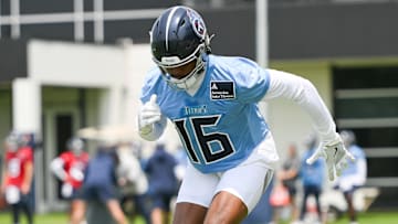 Jun 10, 2025; Nashville, TN, USA;  Tennessee Titans wide receiver Treylon Burks (16) does foot work drills during minicamp at Nissan Stadium. Mandatory Credit: Steve Roberts-Imagn Images