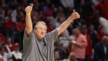Mar 16, 2023; Birmingham, AL, USA; West Virginia Mountaineers head coach Bob Huggins reacts against the Maryland Terrapins during the second half in the first round of the 2023 NCAA Tournament at Legacy Arena. Mandatory Credit: Vasha Hunt-Imagn Images