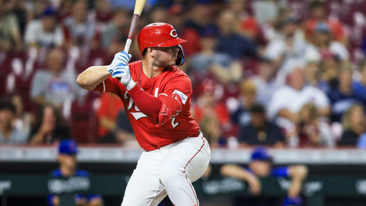 Jul 31, 2024; Cincinnati, Ohio, USA; Cincinnati Reds first baseman Ty France (2) at bat in the eighth inning against the Chicago Cubs at Great American Ball Park. Mandatory Credit: Katie Stratman-USA TODAY Sports