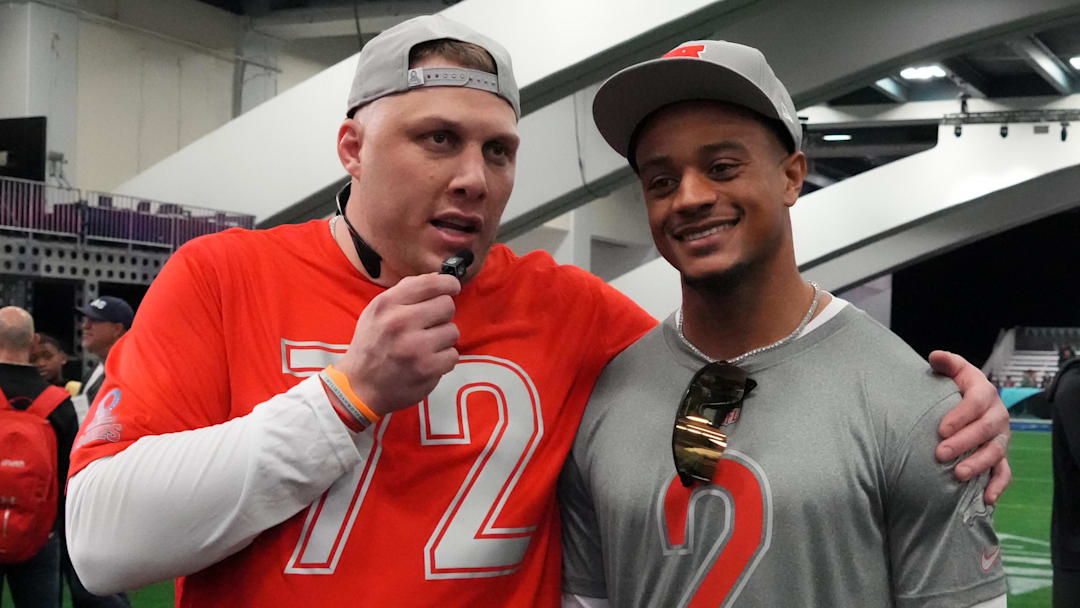 Feb 1, 2026; San Francisco, CA, USA; Denver Broncos tackle Garrett Bolles (72) interviews Broncos cornerback Patrick Surtain II (2) during AFC practice  at the Flag Fieldhouse Moscone Center South Building. Mandatory Credit: Kirby Lee-Imagn Images