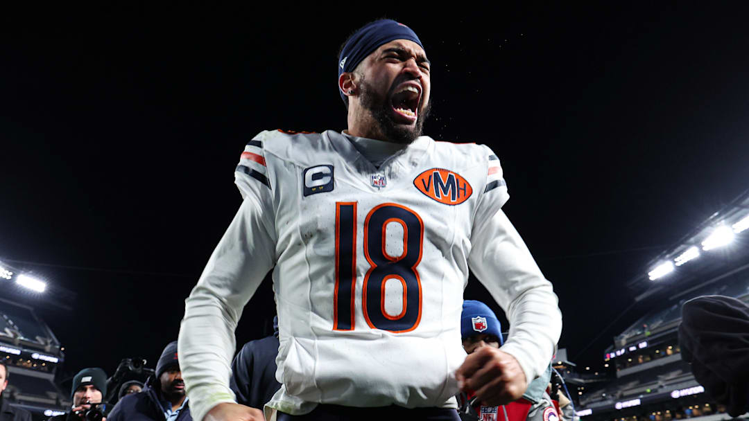 Nov 28, 2025; Philadelphia, Pennsylvania, USA; Chicago Bears quarterback Caleb Williams (18) reacts to a win against the Philadelphia Eagles at Lincoln Financial Field. Mandatory Credit: Bill Streicher-Imagn Images