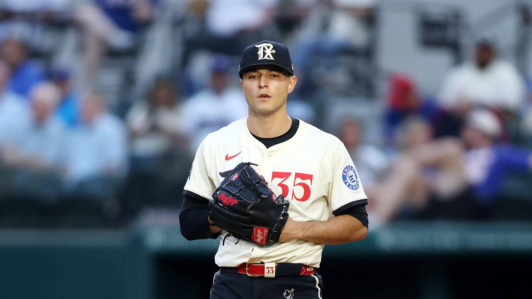 May 30, 2025; Arlington, Texas, USA; Texas Rangers pitcher Jack Leiter (35) gets ready to throw a pitch during the second inning against the St. Louis Cardinals at Globe Life Field. Mandatory Credit: Tim Heitman-Imagn Images