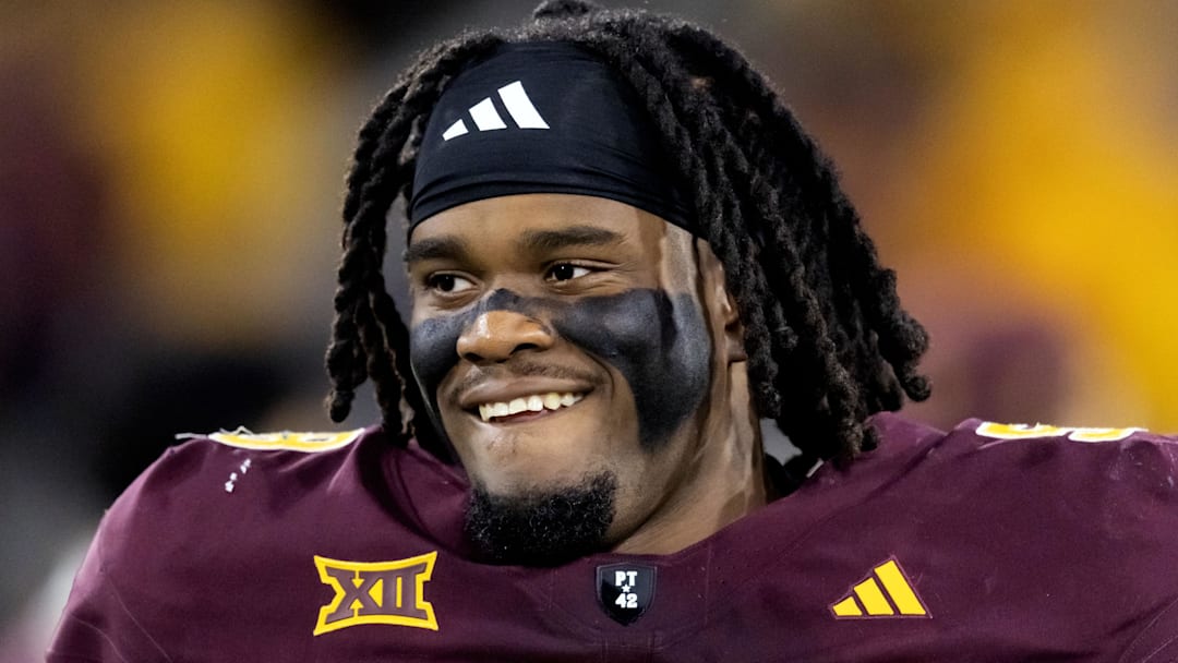 Nov 28, 2025; Tempe, Arizona, USA; Arizona State Sun Devils offensive lineman Max Iheanachor (58) against the Arizona Wildcats during the 99th Territorial Cup at Mountain America Stadium. Mandatory Credit: Mark J. Rebilas-Imagn Images