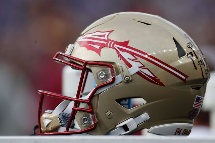 A Florida State Seminoles helmet on the sidelines against the Pittsburgh Panthers at Acrisure Stadium.