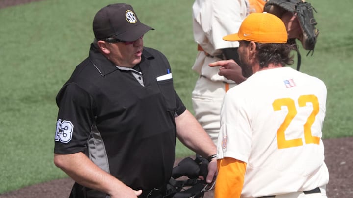 Tennessee baseball coach Tony Vitello exchanges words with the home-plate umpire John Brammer before being ejected during an NCAA baseball game between Tennessee and Auburn on May 4, 2025, in Knoxville, Tenn.