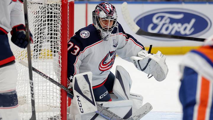 Mar 22, 2026; Elmont, New York, USA; Columbus Blue Jackets goaltender Jet Greaves (73) tends net against the New York Islanders during the second period at UBS Arena. Mandatory Credit: Brad Penner-Imagn Images