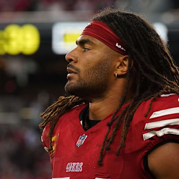 Sep 9, 2024; Santa Clara, California, USA; San Francisco 49ers linebacker Fred Warner (54) walks to the sideline in the third quarter against the New York Jets at Levi's Stadium. Mandatory Credit: David Gonzales-Imagn Images