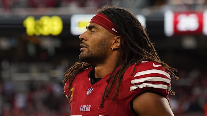 Sep 9, 2024; Santa Clara, California, USA; San Francisco 49ers linebacker Fred Warner (54) walks to the sideline in the third quarter against the New York Jets at Levi's Stadium. Mandatory Credit: David Gonzales-Imagn Images