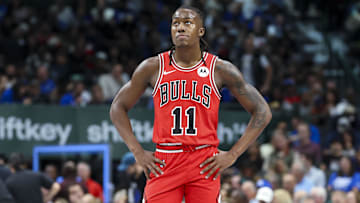 Nov 6, 2024; Dallas, Texas, USA;  Chicago Bulls guard Ayo Dosunmu (11) reacts during the second half against the Dallas Mavericks at American Airlines Center. Mandatory Credit: Kevin Jairaj-Imagn Images
