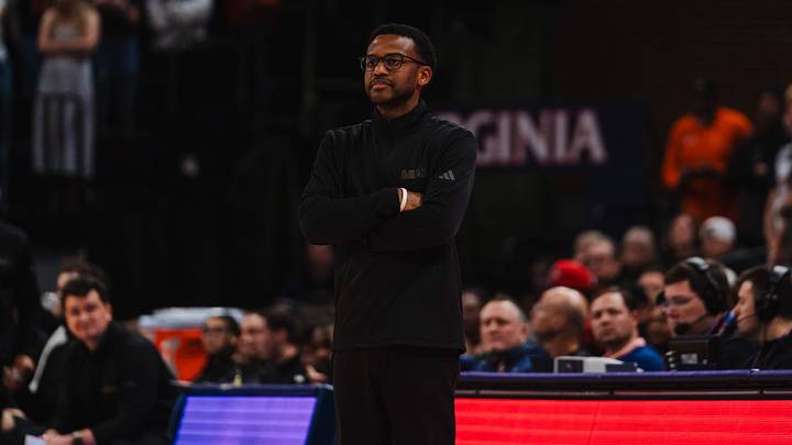 Feb 21, 2026; Charlottesville, Virginia, USA; Miami (FL) Hurricanes head coach Jai Lucas stands on the court during the first half against the Virginia Cavaliers at John Paul Jones Arena. Mandatory Credit: Emily Faith Morgan-Imagn Images