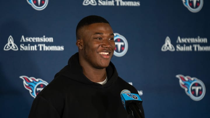 Tennessee Titans new free-agent linebacker Kenneth Murray fields questions at Ascension Saint Thomas Sports Park in Nashville, Tenn., Thursday, March 14, 2024.