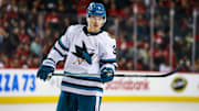 Feb 23, 2025; Calgary, Alberta, CAN; San Jose Sharks defenseman Henry Thrun (3) against the Calgary Flames during the first period at Scotiabank Saddledome. Mandatory Credit: Sergei Belski-Imagn Images