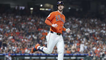 Sep 20, 2024; Houston, Texas, USA; Houston Astros right fielder Kyle Tucker (30) looks towards the dugout after hitting a single during the third inning against the Los Angeles Angels at Minute Maid Park. Mandatory Credit: Troy Taormina-Imagn Images
