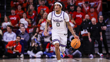 Mar 5, 2025; Cincinnati, Ohio, USA; Kansas State Wildcats guard Dug McDaniel (0) dribbles against the Cincinnati Bearcats in the second half at Fifth Third Arena. Mandatory Credit: Katie Stratman-Imagn Images