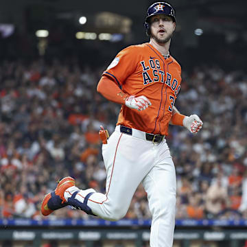 Sep 20, 2024; Houston, Texas, USA; Houston Astros right fielder Kyle Tucker (30) looks towards the dugout after hitting a single during the third inning against the Los Angeles Angels at Minute Maid Park.