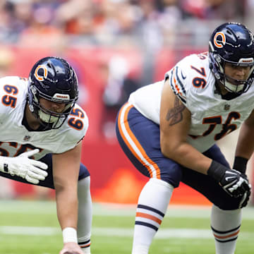 Nov 3, 2024; Glendale, Arizona, USA; Chicago Bears center Coleman Shelton (65) and guard Teven Jenkins (76) against the Arizona Cardinals at State Farm Stadium. Mandatory Credit: Mark J. Rebilas-Imagn Images