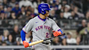 New York Mets outfielder Juan Soto reacts after a walk against the New York Yankees