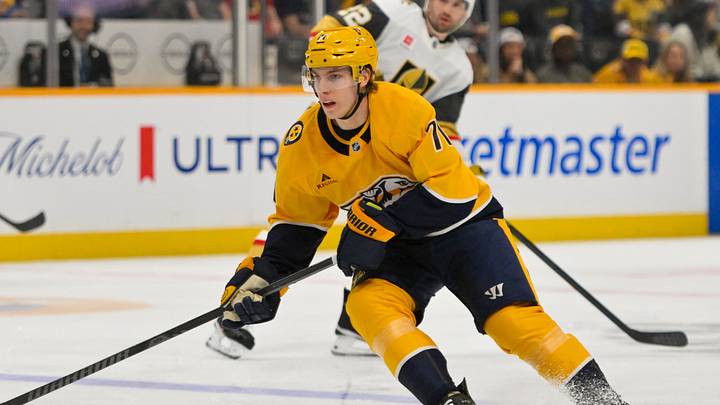 Mar 21, 2026; Nashville, Tennessee, USA; Nashville Predators right wing Matthew Wood (71) skates with the puck against the Vegas Golden Knights during the first period at Bridgestone Arena. Mandatory Credit: Steve Roberts-Imagn Images Mar 21, 2026; Nashville, Tennessee, USA; Nashville Predators right wing Matthew Wood (71) skates with the puck against the Vegas Golden Knights during the first period at Bridgestone Arena. Mandatory Credit: Steve Roberts-Imagn Images
