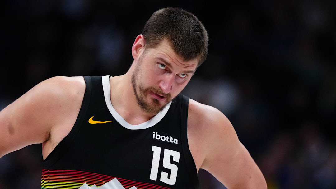 Mar 6, 2026; Denver, Colorado, USA; Denver Nuggets center Nikola Jokic (15) during the second quarter against the New York Knicks at Ball Arena. Mandatory Credit: Ron Chenoy-Imagn Images