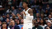 Nov 5, 2025; Memphis, Tennessee, USA; Memphis Grizzlies guard Ja Morant (12) reacts during the third quarter against the Houston Rockets at FedExForum. Mandatory Credit: Petre Thomas-Imagn Images