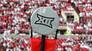 Sep 6, 2025; Lubbock, Texas, USA;  A general view of the Big 12 logo on the down marker during the game between the Kent State Golden Flashes and the Texas Tech Red Raiders at Jones AT&T Stadium. Mandatory Credit: Michael C. Johnson-Imagn Images