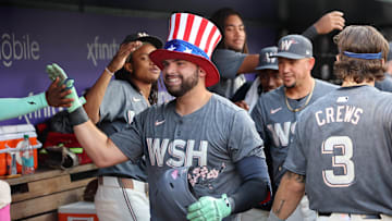 Sep 14, 2024; Washington, District of Columbia, USA; Washington Nationals first baseman Juan Yepez (18) celebrates with his teammates after hitting a home run during the eighth inning of a baseball game against the Miami Marlins, at Nationals Park. Daniel Kucin Jr.-Imagn Images