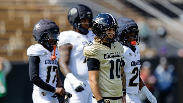 Apr 19, 2025; Boulder, CO, USA; Colorado Buffaloes quarterback Julian Lewis (10) during the spring game at Folsom Field. Mand
