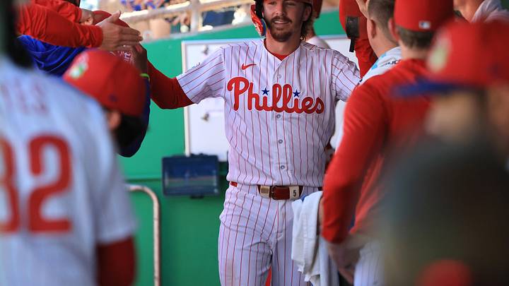 Mar 4, 2026; Clearwater, FL, USA; Philadelphia Phillies second baseman Bryson Stott (5) scores a run during the fourth inning against Team Canada at BayCare Ballpark. Mandatory Credit: Kim Klement Neitzel-Imagn Images