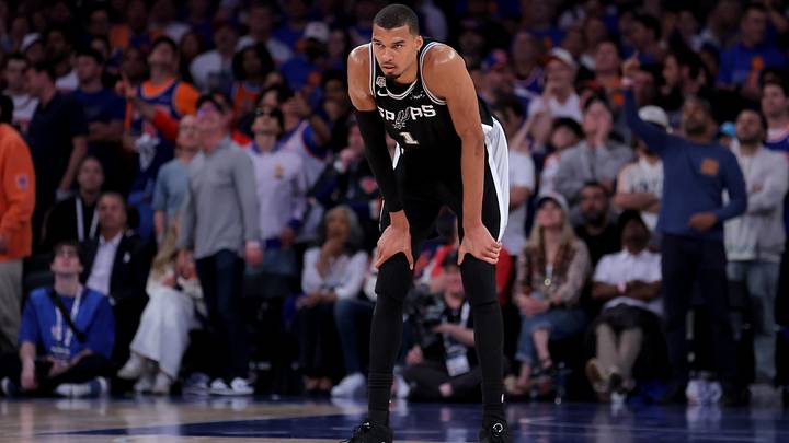 Jun 10, 2026; New York, New York, USA; San Antonio Spurs forward Victor Wembanyama (1) reacts during the fourth quarter of game four of the 2026 NBA Finals against the New York Knicks at Madison Square Garden. Mandatory Credit: Brad Penner-Imagn Images