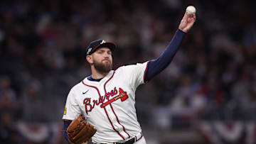 The Atlanta Braves logo on pitcher Dylan Lee's jersey during an April 2025 game