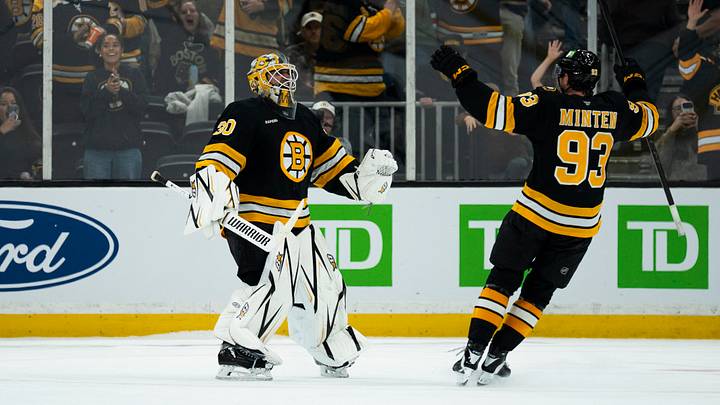 Sep 20, 2026; Boston, Massachusetts, USA; Boston Bruins goaltender Michael DiPietro (30) and center Fraser Minten (93) celebrate the preseason win against the Washington Capitals at TD Garden. Mandatory Credit: Natalie Reid-Imagn Images Sep 20, 2026; Boston, Massachusetts, USA; Boston Bruins goaltender Michael DiPietro (30) and center Fraser Minten (93) celebrate the preseason win against the Washington Capitals at TD Garden. Mandatory Credit: Natalie Reid-Imagn Images