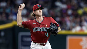 Sep 7, 2025; Phoenix, Arizona, USA; Arizona Diamondbacks pitcher Jake Woodford against the Boston Red Sox at Chase Field. Mandatory Credit: Mark J. Rebilas-Imagn Images