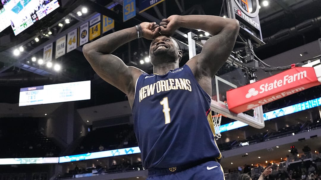 Feb 4, 2026; Milwaukee, Wisconsin, USA; New Orleans Pelicans forward Zion Williamson (1) reacts to a call during overtime against the Milwaukee Bucks at Fiserv Forum. Mandatory Credit: Jeff Hanisch-Imagn Images Feb 4, 2026; Milwaukee, Wisconsin, USA; New Orleans Pelicans forward Zion Williamson (1) reacts to a call during overtime against the Milwaukee Bucks at Fiserv Forum. Mandatory Credit: Jeff Hanisch-Imagn Images