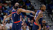 Mar 11, 2025; New Orleans, Louisiana, USA; Los Angeles Clippers forward Kawhi Leonard (2) and Los Angeles Clippers guard James Harden (1) react  during the second half against the New Orleans Pelicans at Smoothie King Center. Mandatory Credit: Matthew Hinton-Imagn Images