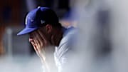 Oct 30, 2024; New York, New York, USA; Los Angeles Dodgers pitcher Jack Flaherty (0) reacts in the dugout after being relieved during the second inning against the New York Yankees in game four of the 2024 MLB World Series at Yankee Stadium.